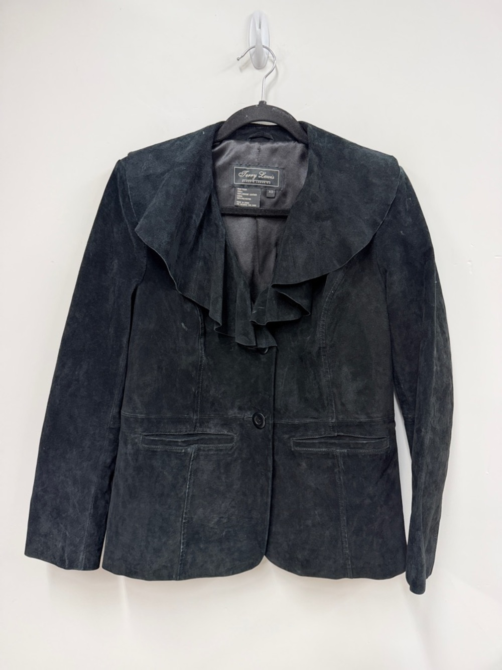 Terry Lewis Classic Luxuries Black Suede Ruffle Collar Blazer